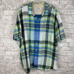 Tommy Bahama Linen Plaid Short Sleeve Button Up‎ Shirt XXL Mens Blue Green